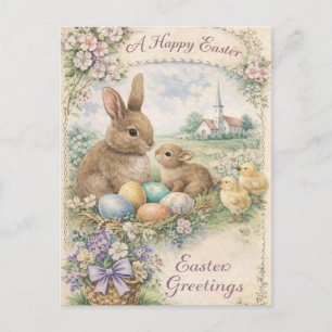 Cartão Postal De Festividades Coelho de Páscoa Vintage e Pintinhos Pastel