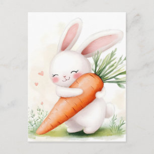 Cartão Postal De Festividades Coelho de primavera em aquarela fofa cenoura