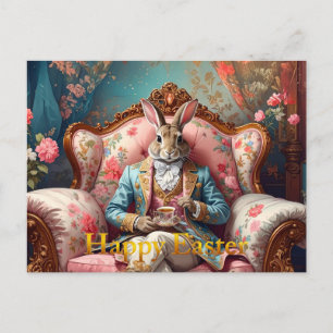Cartão Postal De Festividades Coelho elegante bebendo chá Feliz Páscoa