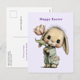 Cartão Postal De Festividades Coelho Fofo Segurando um Tulipa de Páscoa