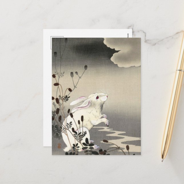 Cartão Postal De Festividades Coelho na Lua Cheia por Ohara Koson (Frente/Verso In Situ)