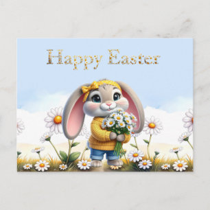Cartão Postal De Festividades Coelho orelhas rosa margaridas brancas Feliz Pásco