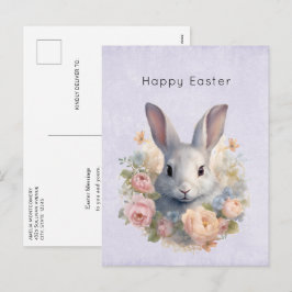 Cartão Postal De Festividades Coelho Rodeado por Flores Pastel Cute Páscoa