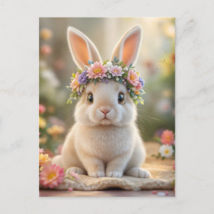 Cartão Postal De Festividades Coelho super fofo com uma coroa de flores na cabeç