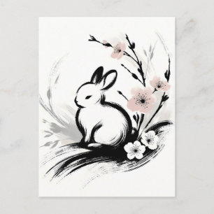 Cartão Postal De Festividades Coelho Zen Minimalista de Primavera com Flor de Ce