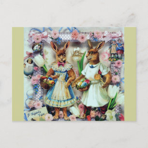 Cartão Postal De Festividades Coelhos Coelhinhos Páscoa Ovos de Vestido Vitorian