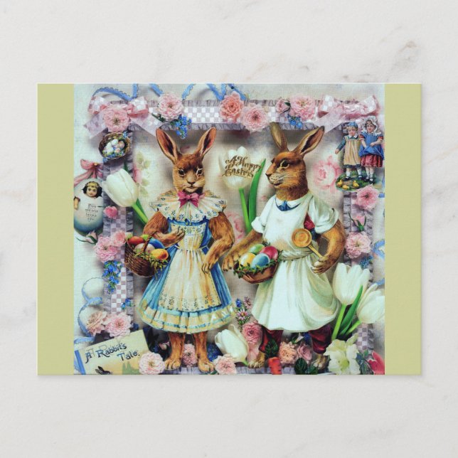 Cartão Postal De Festividades Coelhos Coelhinhos Páscoa Ovos de Vestido Vitorian (Frente)