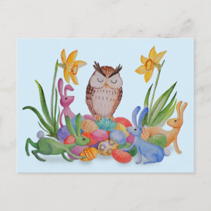 Cartão Postal De Festividades Coelhos da Páscoa e Coruja