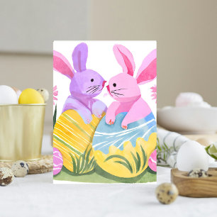 Cartão Postal De Festividades Coelhos de Ovos de Páscoa   Aquarela Pastel