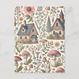 Cartão Postal De Festividades Cogumelo de Cottagecore e Padrão Floral