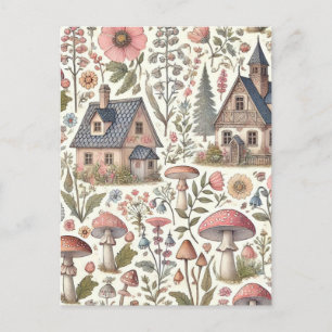 Cartão Postal De Festividades Cogumelo de Cottagecore e Padrão Floral
