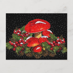 Cartão Postal De Festividades Cogumelo de Natal, Toadstools, Snow, Holly