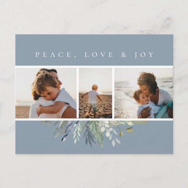 Cartão Postal De Festividades Colagem azul da foto da folha do inverno (Frente)