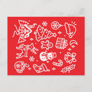 Cartão Postal De Festividades Colagem de Doodle de Natal Arte de Linha Branca Fe