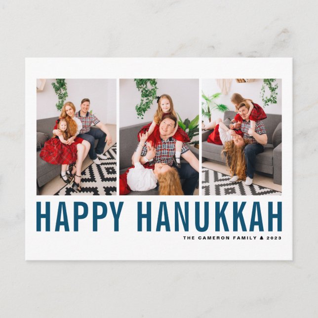 Cartão Postal De Festividades Colagem de Fotografia Azul Típica Feliz Hanukkah (Frente)