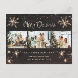 Cartão Postal De Festividades Colagem de Fotografias de Snowflake Rustic Wood 3