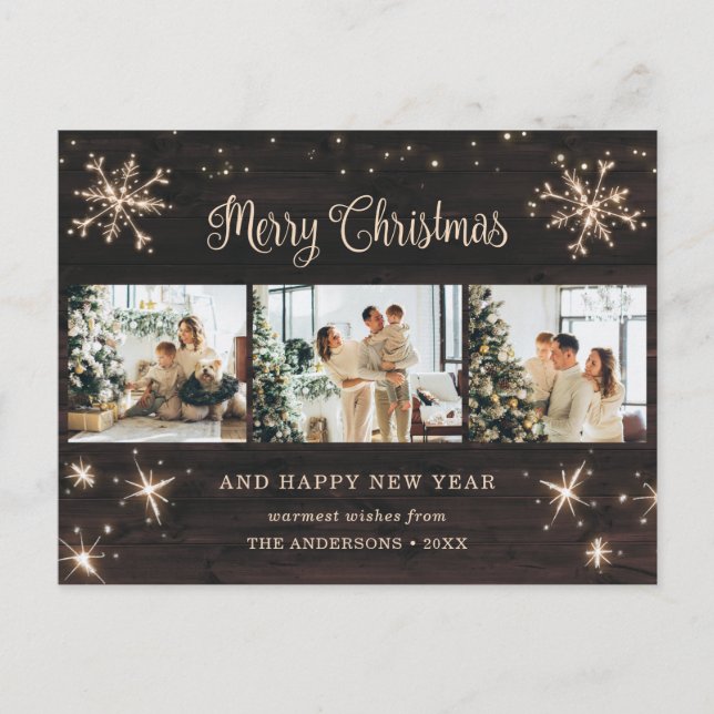 Cartão Postal De Festividades Colagem de Fotografias de Snowflake Rustic Wood 3 (Frente)