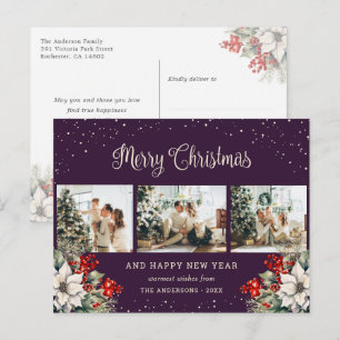 Cartão Postal De Festividades Colagem de Fotos Botânicas com Aguarela Roxa e Nev