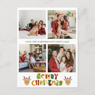 Cartão Postal De Festividades Colagem de Fotos da Família de Script de Reindeer