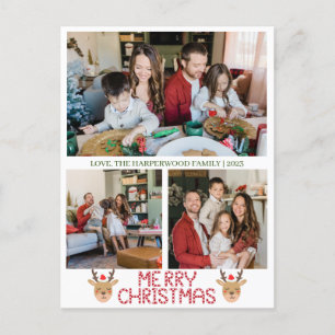 Cartão Postal De Festividades Colagem de Fotos da Família de Script de Reindeer