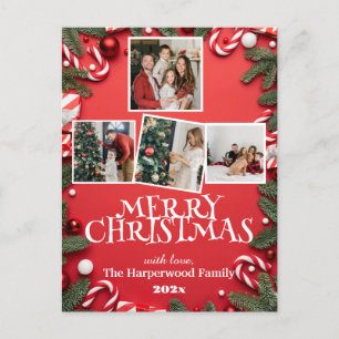Cartão Postal De Festividades Colagem de Fotos da Família Feliz Natal Red Elegan