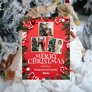 Cartão Postal De Festividades Colagem de Fotos da Família Feliz Natal Red Elegan