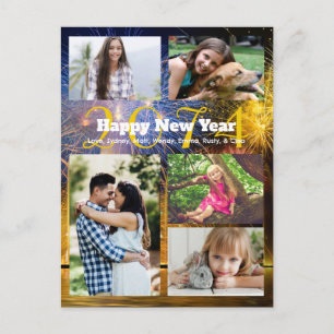 Cartão Postal De Festividades Colagem de Fotos da Família Vermelho Dourado Ano N