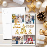 Cartão Postal De Festividades Colagem de Fotos de Árvores de Natal Douradas e Fe<br><div class="desc">Um cartão postal de Natal com a foto da sua família colage em torno de uma bela árvore feita de flocos de neve ouros com Feliz Natal na frente em cursivo. Personalize com as suas 4 fotos favoritas neste cartão de festas de neve de moda.</div>