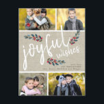 Cartão Postal De Festividades Colagem de Fotos de Feliz Desejo Beige Linen no Na<br><div class="desc">Alegria Desejos Brancos e Berries de Aquarela Desenhados no Cartão de Feriado de Natal Russo Beige Linen 4 Photo. Design por Elke Clarke © Personalize a colagem de fotos com suas fotos e nome da família</div>