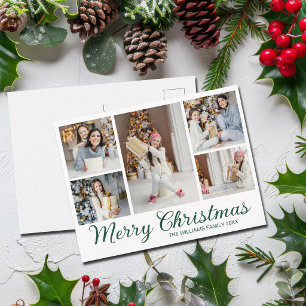 Cartão Postal De Festividades Colagem de Fotos de Natal Simples Rota Verde Feliz