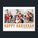 Cartão Postal De Festividades Colagem de Fotos de Tipografia Laranja Feliz Hanuk<br><div class="desc">Feliz Hanukkah! Cartaz personalizável de colagem fotográfica Feliz Hanukkah com tipografia simples laranja e padrão de neve. Personalize adicionando três fotos,  nomes,  ano e outros detalhes. Este cartão-postal moderno de Chanucá está disponível em outras cores e estoque de papelão.</div>