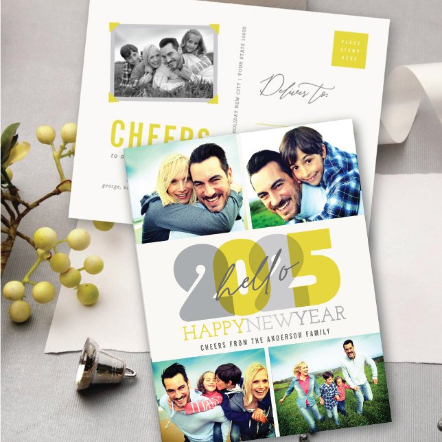 Cartão Postal De Festividades Colagem de Fotos do Feliz ano novo 4 Moderno 2025 (Hello 2025 Modern Happy New Year 4 Photo Collage Holiday Postcard @ fat_fa_tin)