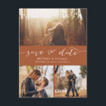 Cartão Postal De Festividades Colagem de Fotos Moderna Terracotta Salve a Data<br><div class="desc">Escolha as melhores fotos de sua filmagem de noivado ou suas fotos favoritas de vocês dois para salvar a data perfeita. As palavras salvar a data são manuscritas para dar uma sensação pessoal ao cartão postal. Edite esta opção para salvar o cartão de casamento de data com suas informações e...</div>