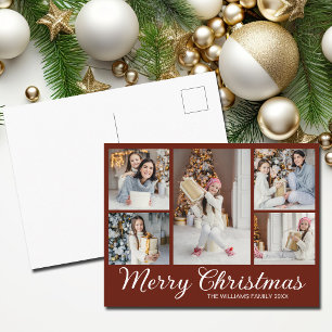 Cartão Postal De Festividades Colagem de Fotos Natalinas Chic Burgundy