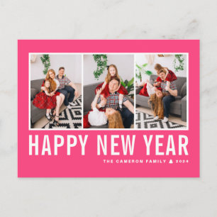 Cartão Postal De Festividades Colagem de Fotos Rosa Quente da Tipografia Moderna