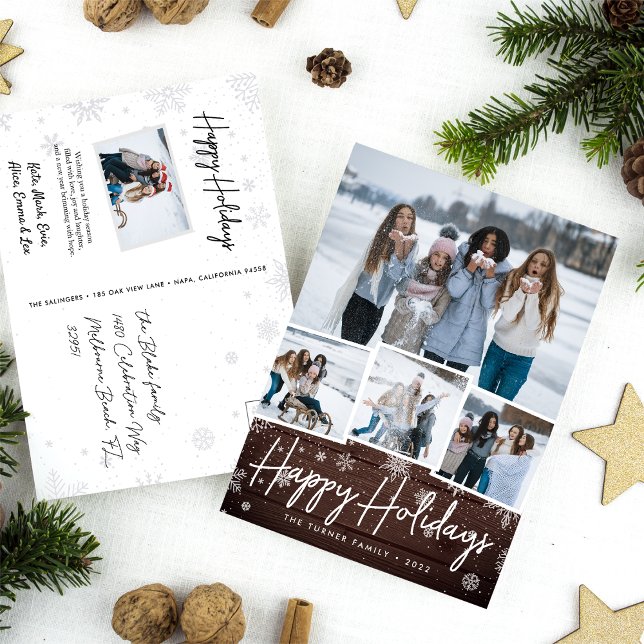 Cartão Postal De Festividades Colagem de Fotos Rustic Wood Snowflake (Criador carregado)
