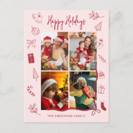 Cartão Postal De Festividades Colagem Familiar de Férias Rosa Vermelho Moderno