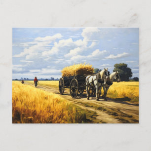 Cartão Postal De Festividades Colheita de Grãos com Vagão Pulverizado por Cavalo