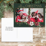 Cartão Postal De Festividades Colorida Poinsettias de Natal de 2 Fotos Feliz<br><div class="desc">Design de Natal festivo e colorido,  com duas fotografias com dourado personalizado,  um gráfico de texto de Natal feliz com um spray de poinsetos tradicionais de Natal e holly sobre fundo verde.</div>