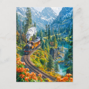 Cartão Postal De Festividades Comboio a vapor miniatura na floresta alpina