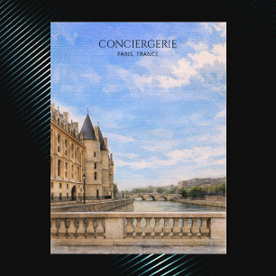 Cartão Postal De Festividades Conciergerie de Paris Aquarela Arquitetura Gótica