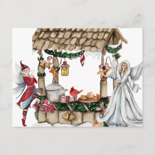 Cartão Postal De Festividades Conto de Fadas em Aquarela Anjo de Natal e Elfo