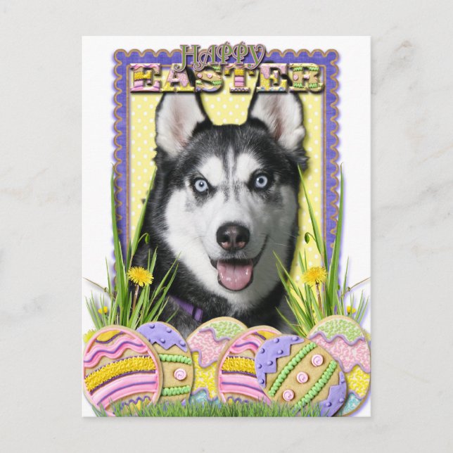 Cartão Postal De Festividades Cookies de Ovos de Páscoa - Husky Siberiano (Frente)