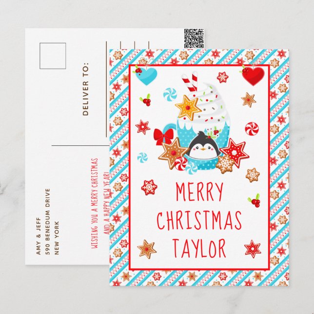 Cartão Postal De Festividades Cookies e cacau Azul Feliz Natal (Frente/Verso)