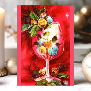 Cartão Postal De Festividades Copo de Vinho de Natal Vintage Elegante Com Vela