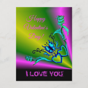 Cartão Postal De Festividades Coração com Flor e Borboleta