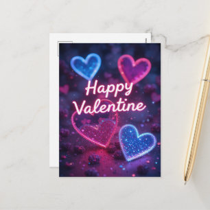 Cartão Postal De Festividades Coração de Neon Dia dos Namorados Moderno Feliz Di