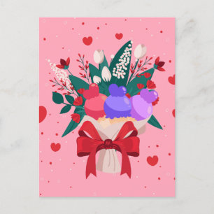 Cartão Postal De Festividades Corações de Flores de Buquê Romântica Corações de