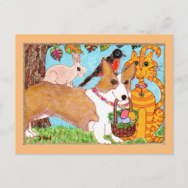 Cartão Postal De Festividades Corgi & amigos com páscoa da arte popular da cesta