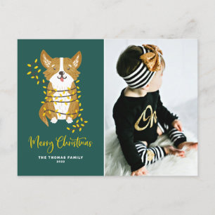 Cartão Postal De Festividades Corgi Bonito em Luzes de Corda Foto Feliz de Natal